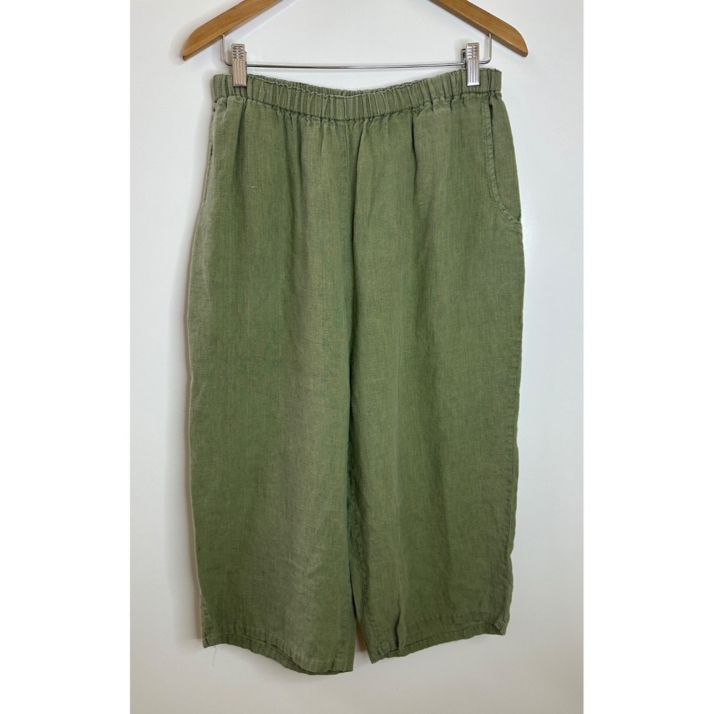 Flax 100% Linen Crop Pants Wide Leg Elastic Waist Faded Green Medium Lagonlook - Picture 2 of 15